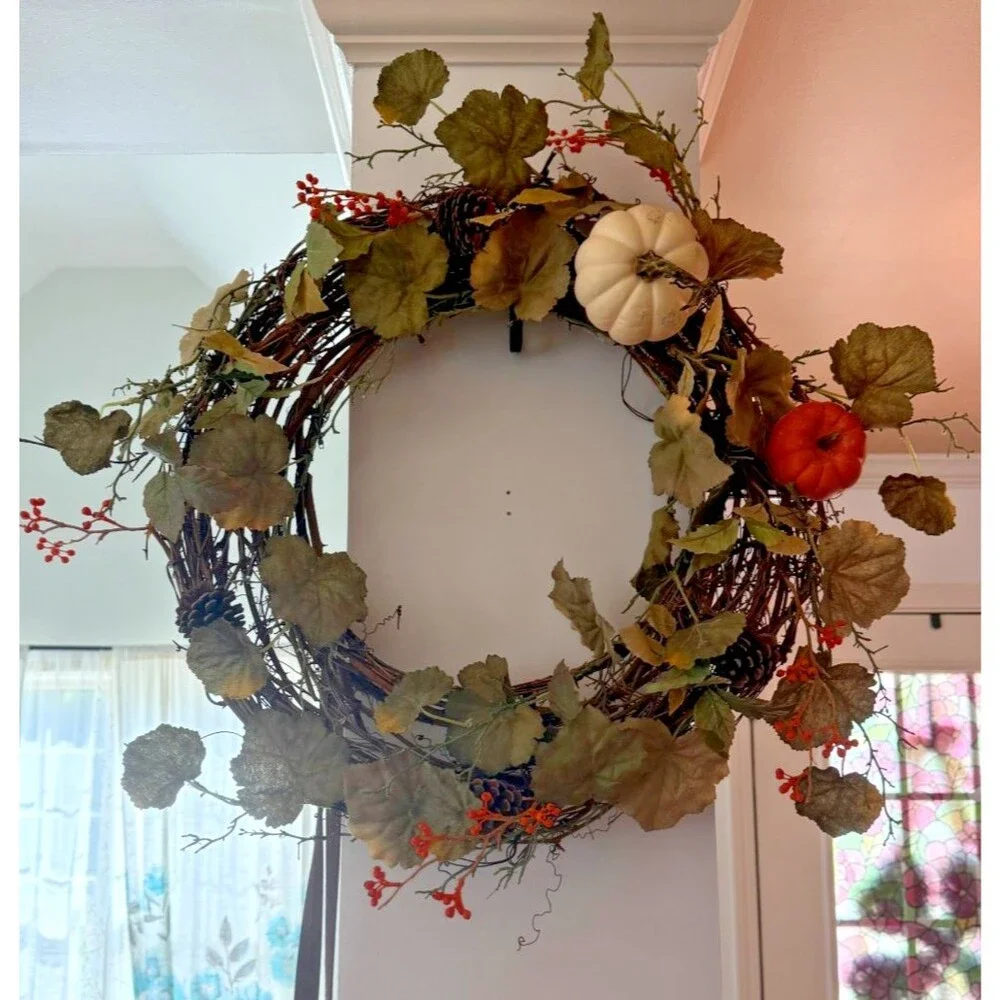 Pottery Barn Pre-Lit Faux Natural Pumpkin Wreath 23 inch
